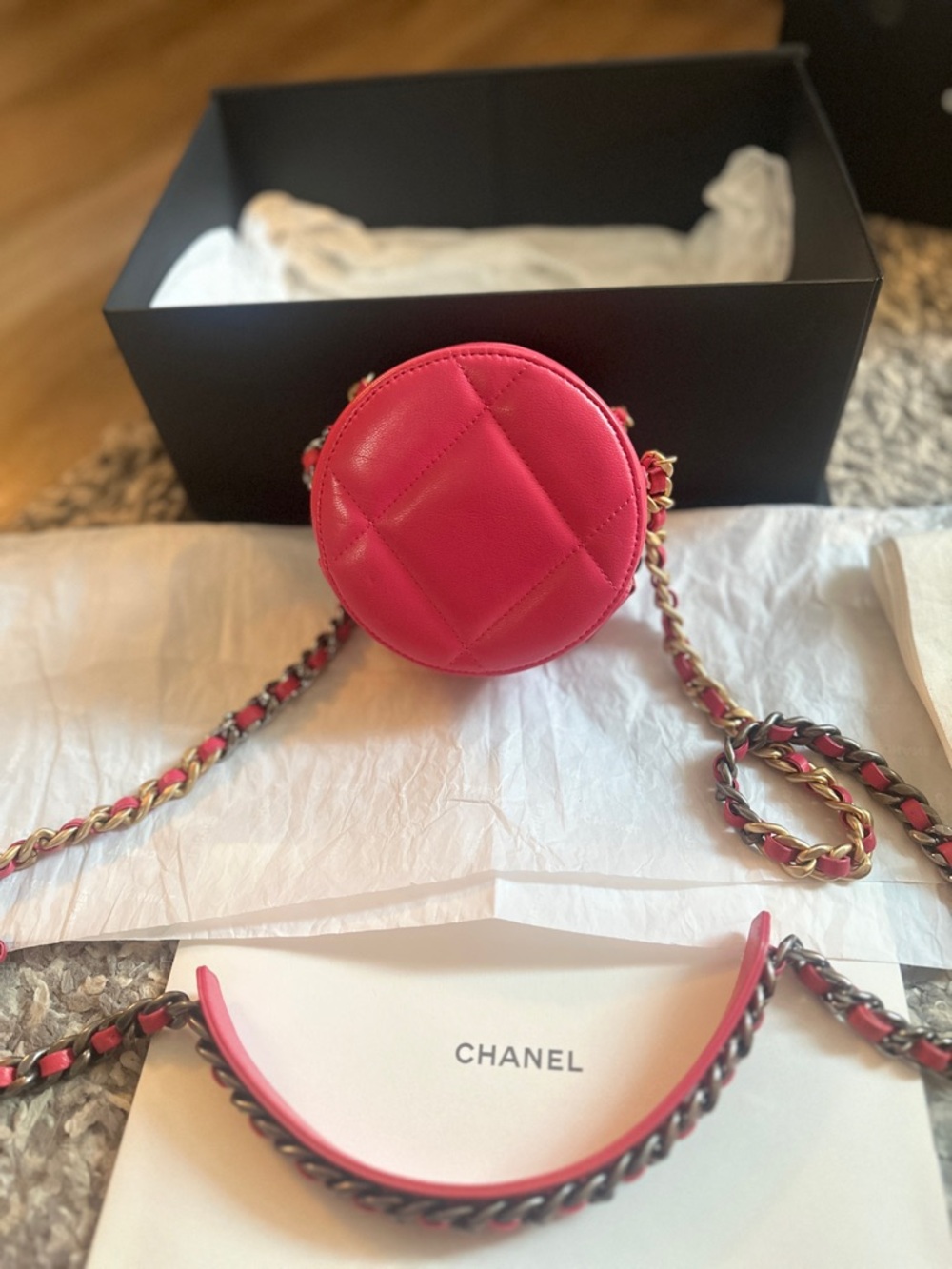 CHANEL Hot Pink Quilted Round Mini Crossbody with Gold Chain - Picture 7 of 16